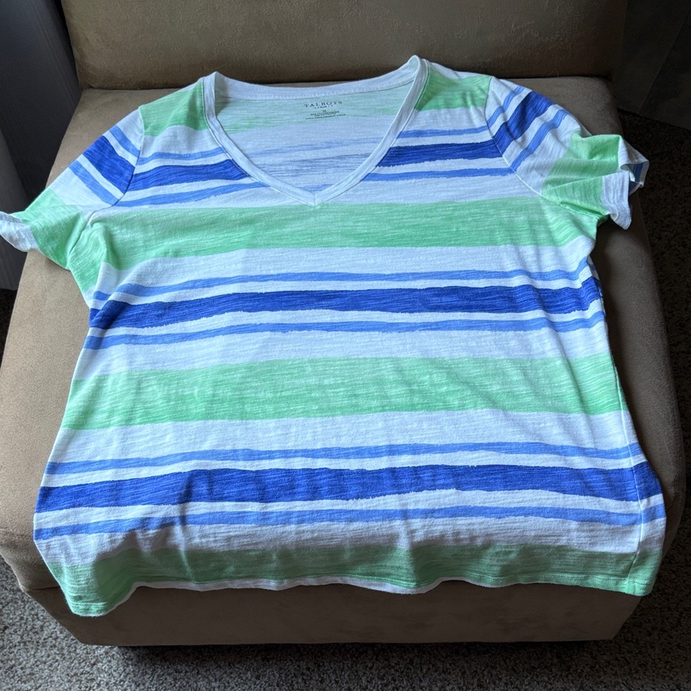 Talbots Green Blue White Striped Short Sleeve V-Neck Tee